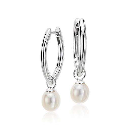 Marquise Freshwater Cultured Pearl Drop Hoop Earrings in Sterling ...