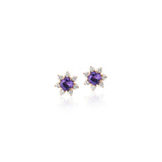 14k 玫瑰金花朵型钻石光环迷你紫水晶耳环（3.5 毫米）