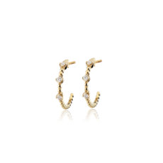 Mini Diamond Three-Stone Beaded Hoop Earrings in 14k Yellow Gold