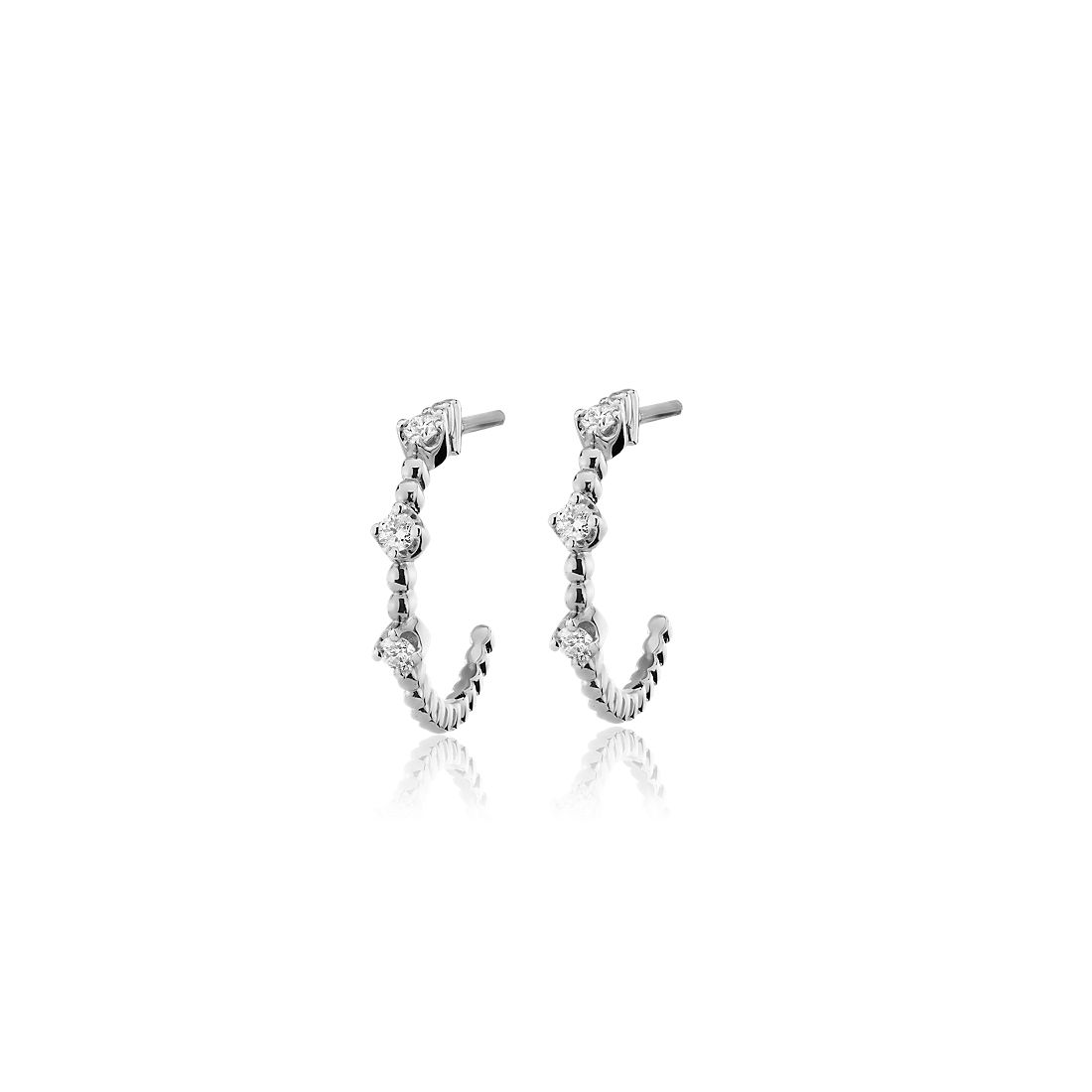 Mini Diamond Three-Stone Beaded Huggie Hoop Earrings in 14k White Gold