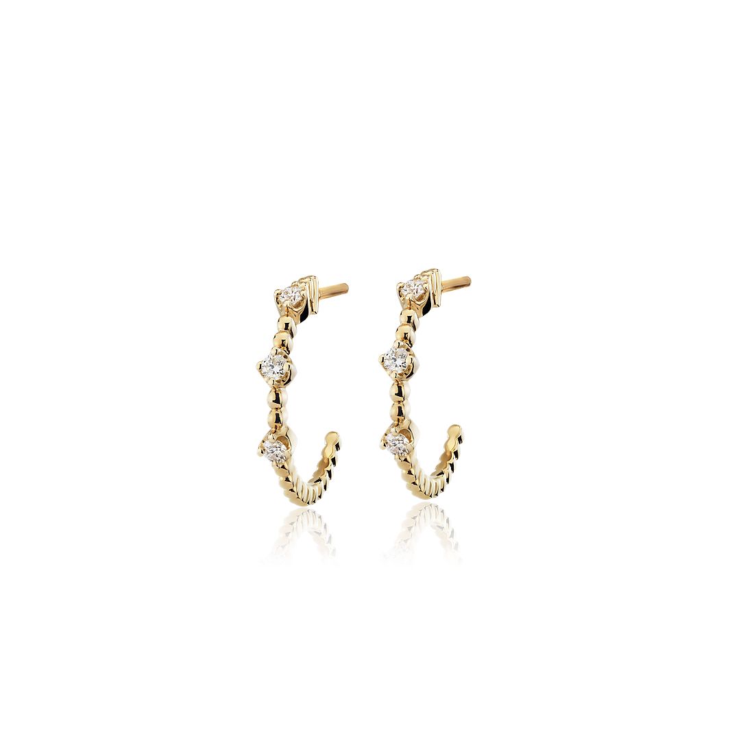 Mini Diamond Three-Stone Beaded Huggie Hoop Earrings in 14k Yellow Gold