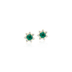14k 金花朵型钻石光环迷你祖母绿耳环（3.5 毫米）