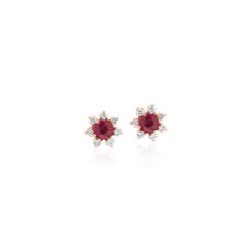 14k 玫瑰金花朵型钻石光环迷你红宝石耳环（3.5 毫米）