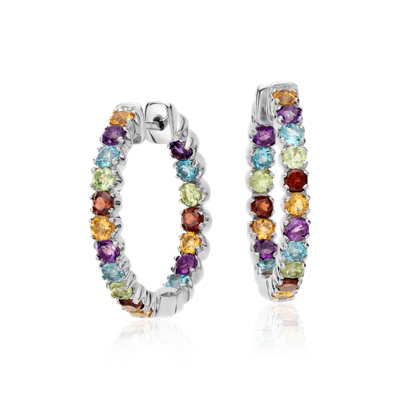 Multicolored Gemstone Hoop Earrings in Sterling Silver (2.5mm) - best Valentine's Day deals