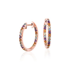 Multi-Gemstone Pavé Hoop Earrings in 14k Rose Gold (1.5mm)
