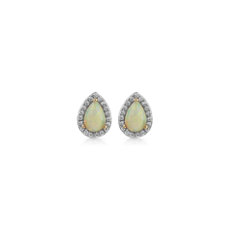 Opal and Diamond Halo Stud Earrings in 14k Yellow Gold 6x4mm