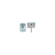14k 白金椭圆形海蓝宝石与钻石耳环（7x5 毫米）