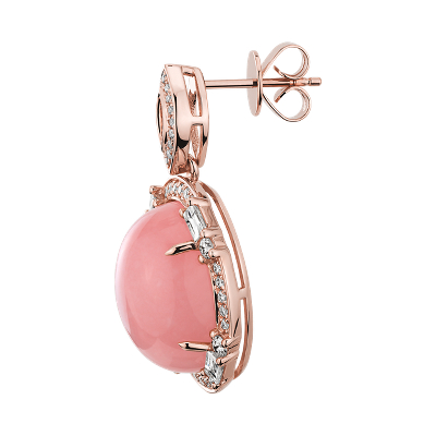 Oval Cabochon Pink Opal Drop Earrings with Baguette Diamond Halo - 18k Rose Gold