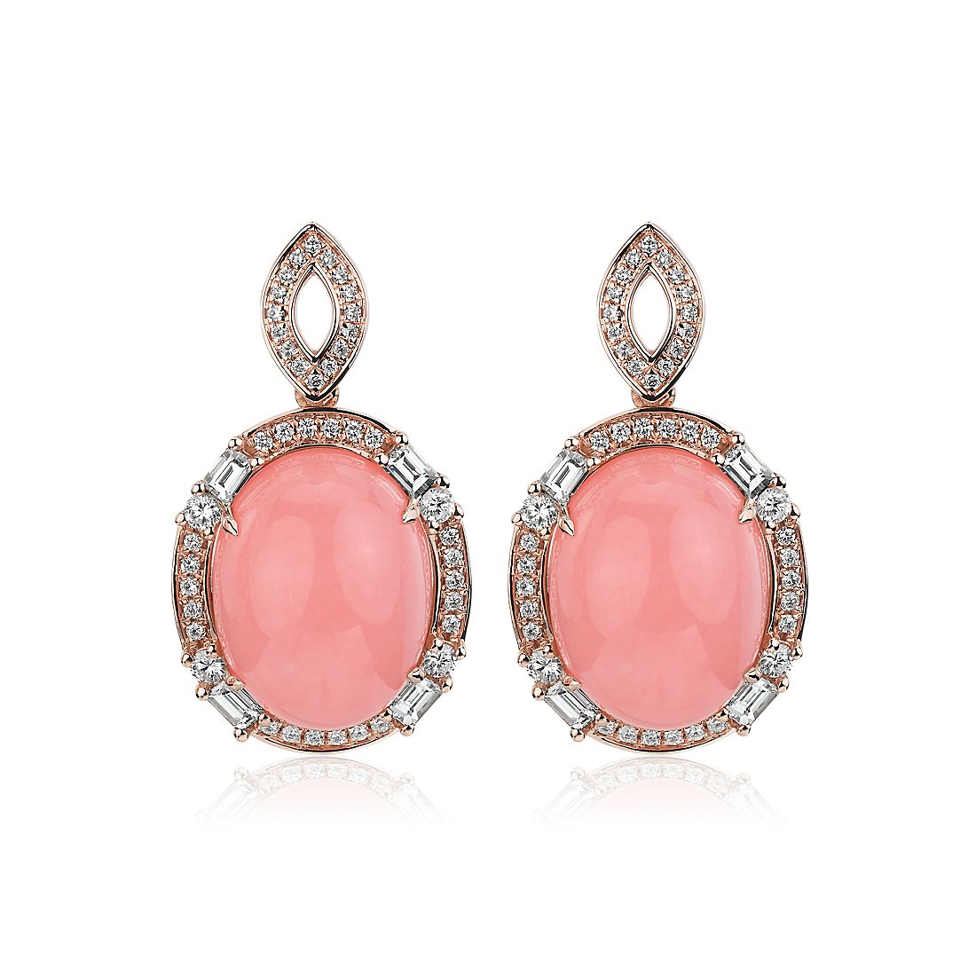 Oval Cabochon Pink Opal Drop Earrings with Baguette Diamond Halo - 18k Rose Gold