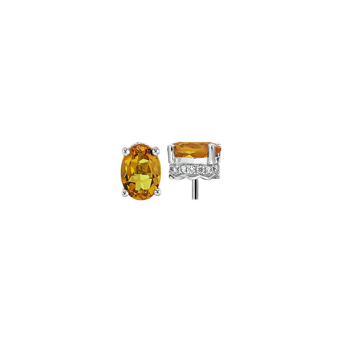 14k 白金橢圓形黃水晶與鑽石耳環（7x5 毫米）