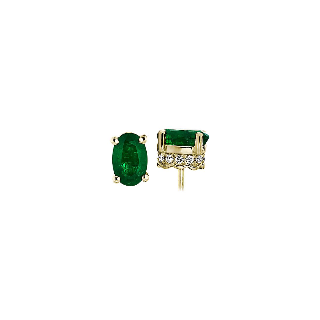 Oval Emerald and Diamond Earrings in 14k Yellow Gold (6x4mm)