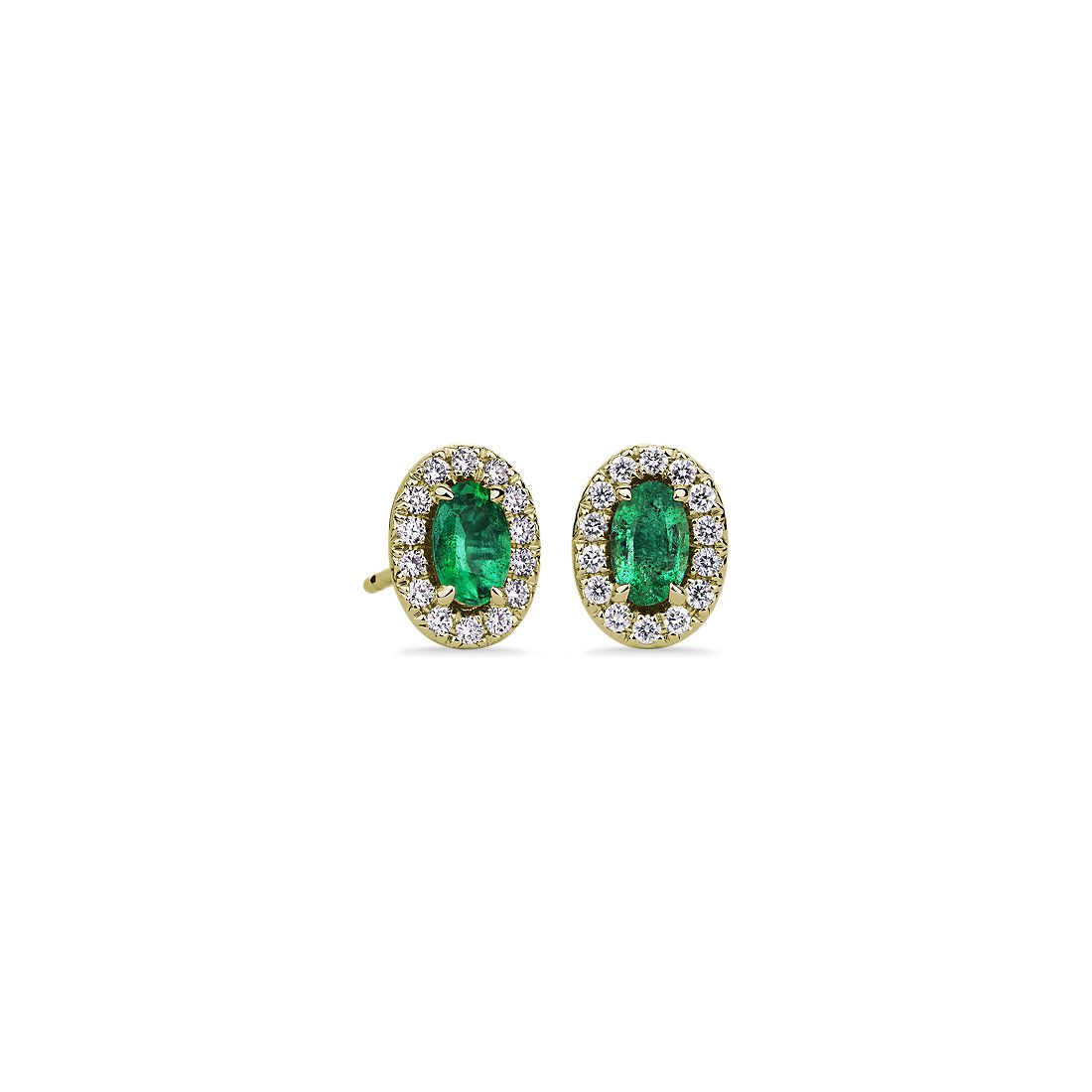 Oval Emerald Halo Stud Earrings in 14k Yellow Gold (5x3mm)