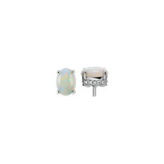 Oval Opal and Diamond Earrings in 14k White Gold (7x5mm)