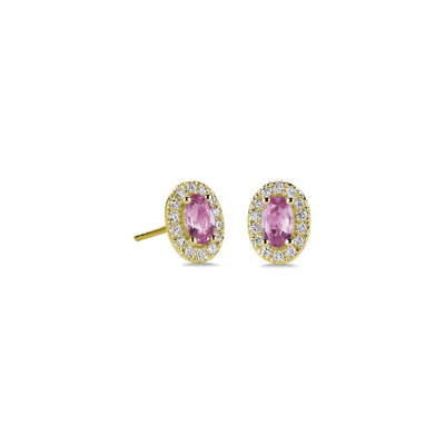 Oval Pink Sapphire and Diamond Halo Stud Earrings in 14k Yellow Gold (5x3mm)