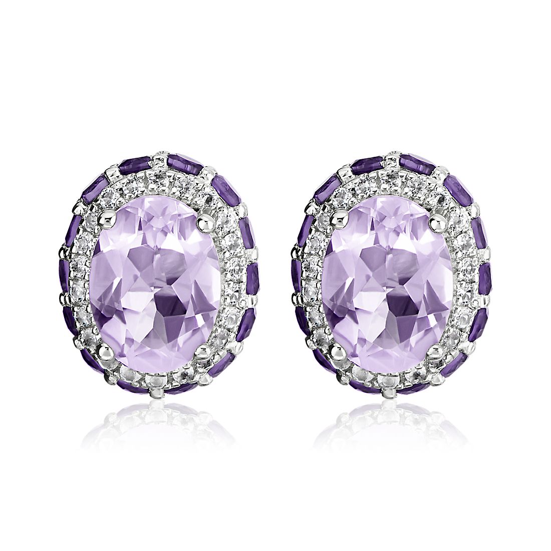Oval Rose de France Earrings with Amethyst and White Topaz Halo in ...
