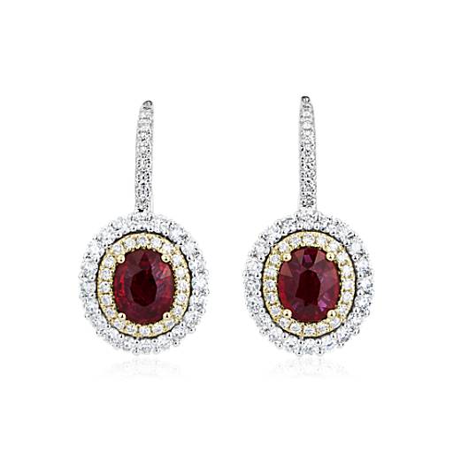 Oval Ruby with Double Diamond Halo Drop Earrings in 18k White and ...