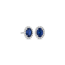 Oval Sapphire and Pavé Diamond Stud Earrings in 14k White Gold (6x4mm)