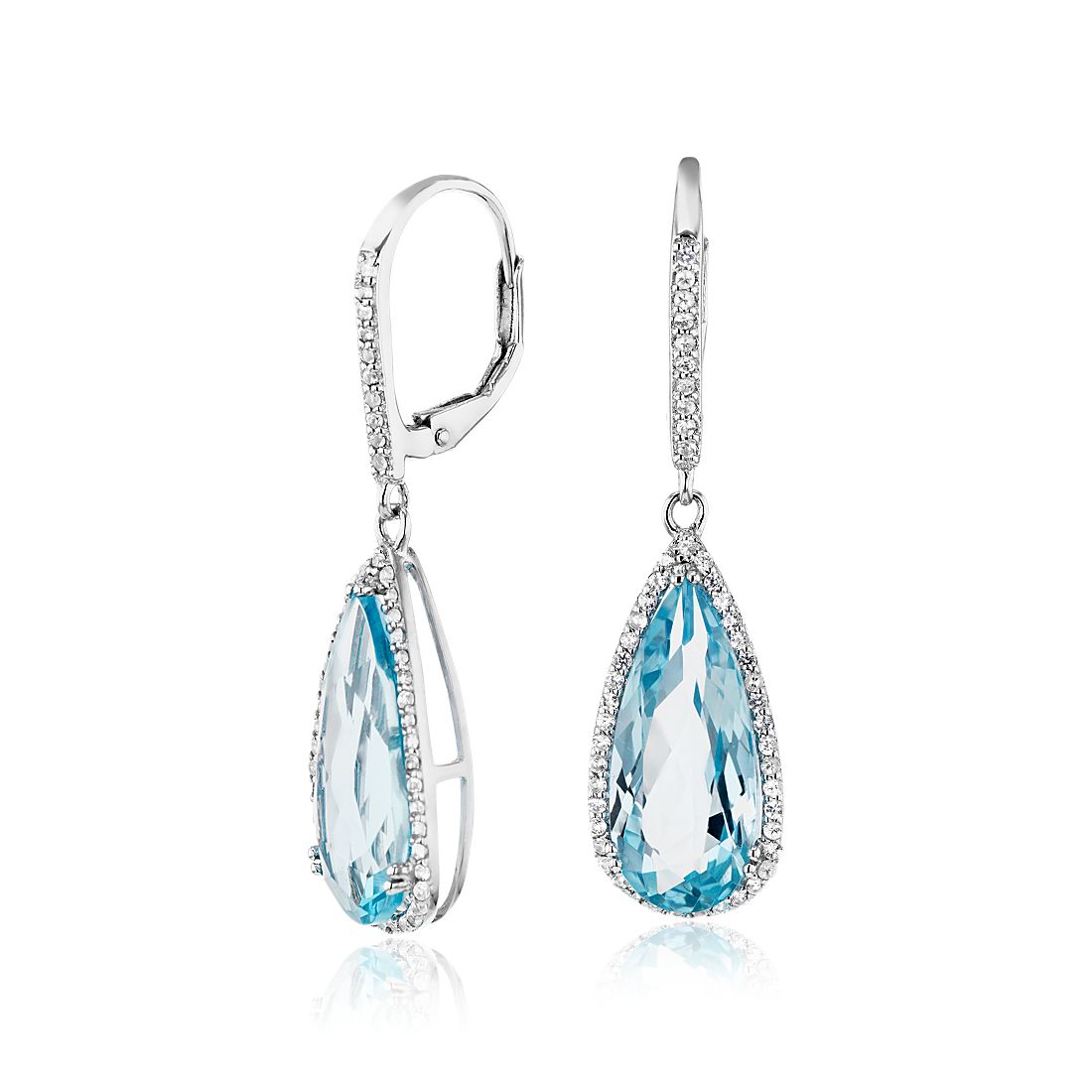 Pear-Shaped Blue Topaz Drop Earrings with White Topaz Halo in Sterling Silver (18x8mm)