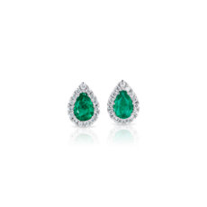 Aretes con esmeraldas en forma de pera y halo de diamantes en oro blanco de 14 k (6x4 mm)