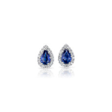 14k 白金梨形蓝宝石钻石光环耳钉（5x4 毫米）