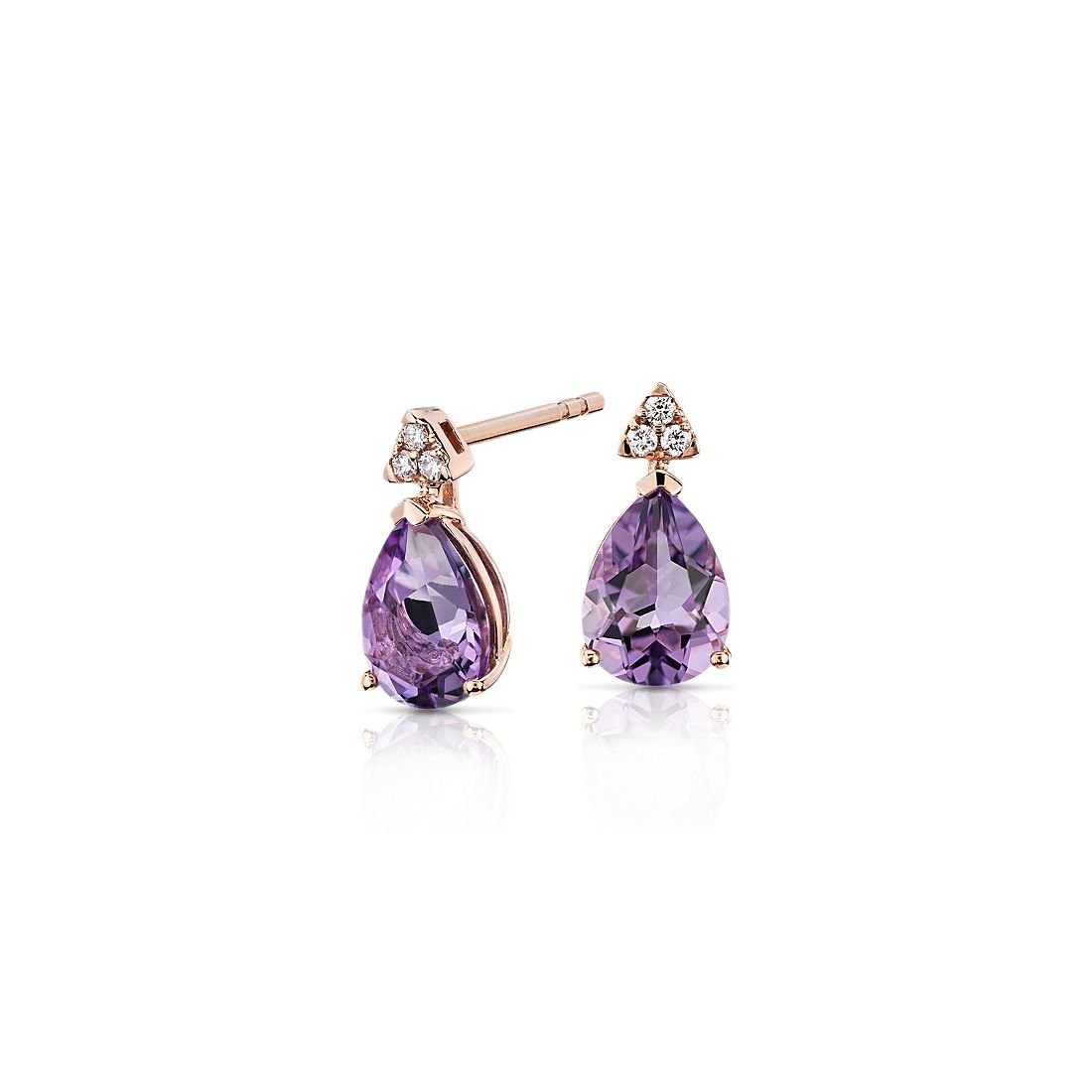 Pear-Shaped Amethyst Earrings with Diamond Trio in 14k Rose Gold (8x6mm)