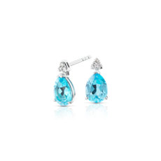 Pear-Shaped Blue Topaz Earrings with Diamond Trio in 14k White Gold (8x6mm)