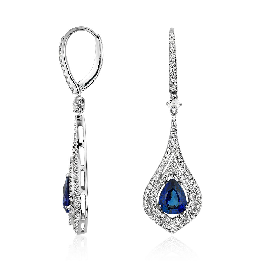 Pear Shape Sapphire Double Halo Diamond Drop Earrings in 18k White Gold (8x6mm)