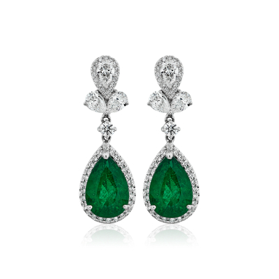 Pear Shape Emerald and Diamond Drop Earrings in 18k White Gold (3.97 ct ...