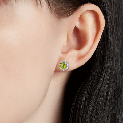 Peridot and Micropavé Diamond Halo Earrings in 14k White Gold