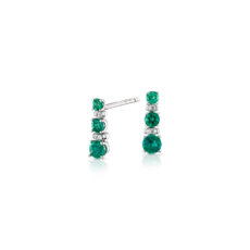 Petite Emerald and Diamond Tower Earrings in 14k White Gold