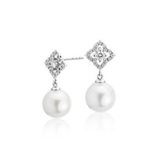 Petite Floral Freshwater Cultured Pearl and Diamond Earrings in 14k White Gold