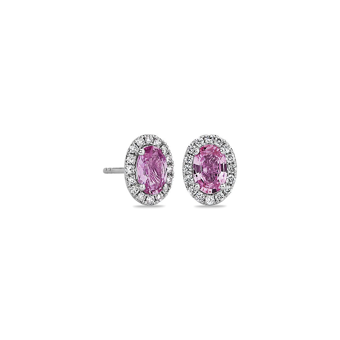 14k 白金粉红蓝宝石与微密钉钻石耳环（6x4 毫米）
