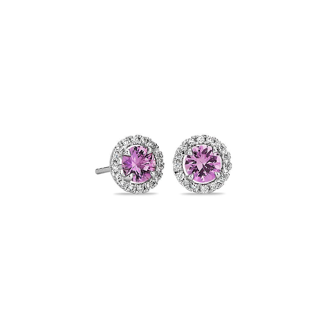 Pink Sapphire and Diamond Halo Earrings in 18k White Gold