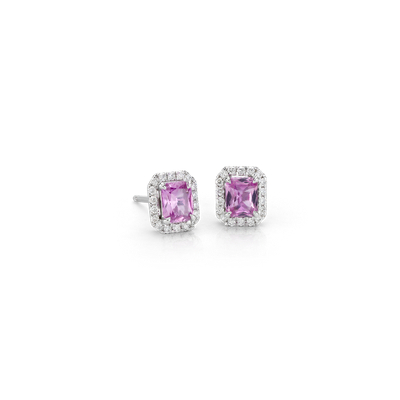 Radiant Pink Sapphire and Diamond Halo Stud Earrings in 14k White Gold ...