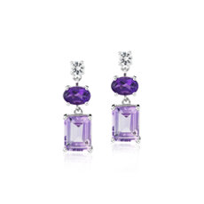 925 纯银法国玫瑰、紫水晶和白色蓝宝石混合形状吊式耳环