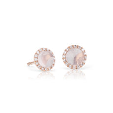 Petite Rose Quartz Cabochon Earrings with Diamond Halo in 14k Rose Gold (5mm)