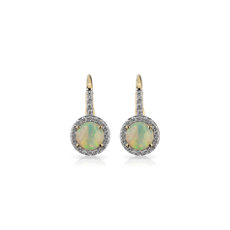 Round Opal and Diamond Halo Drop Earrings in 14k Yellow Gold 5.5mm