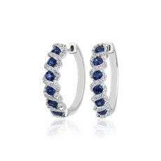 Round Sapphire and Diamond Hoop Earrings in 14k White Gold