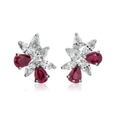 Ruby and Diamond Cluster Earring in 18k White Gold