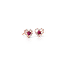 Petite Ruby and Diamond Pavé Heart Stud Earrings in 14k Rose Gold (2.5mm)