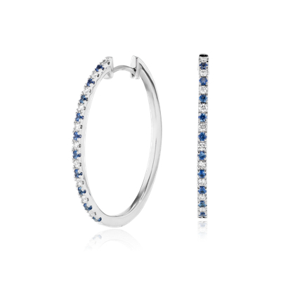 Sapphire and Diamond Oval Hoop Earrings in 14k White Gold (1.4mm ...