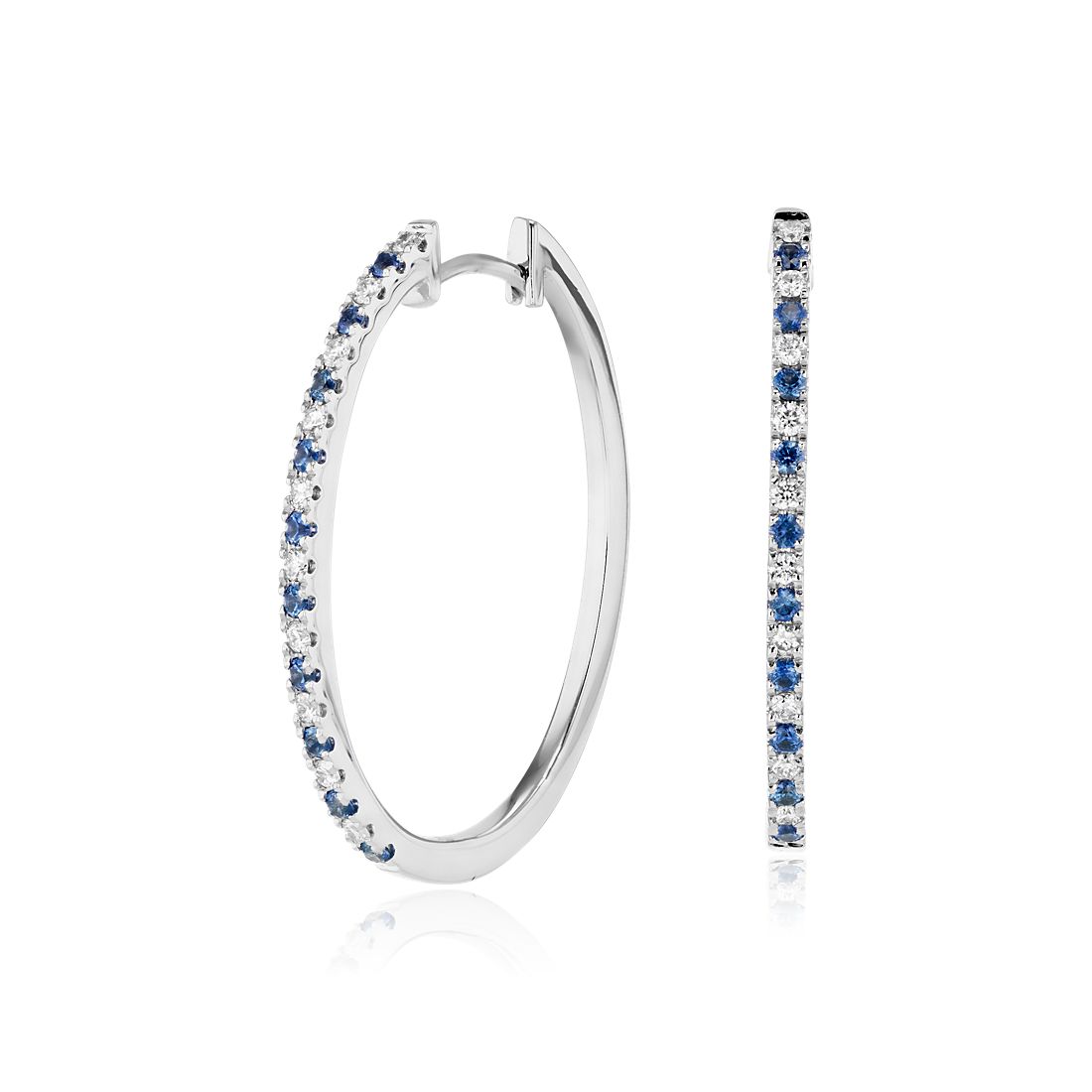 Sapphire and Diamond Oval Hoop Earrings in 14k White Gold (1.4mm)