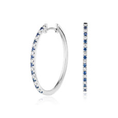 NEW Sapphire and Diamond Oval Hoop Earrings in 14k White Gold (1.4mm)