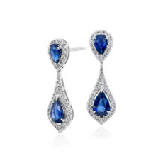 Sapphire and Diamond Halo Drop Earrings in 18k White Gold (7x5mm)