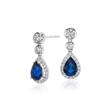 18K 白金蓝宝石与钻石梨形吊式耳环（7x5 毫米）