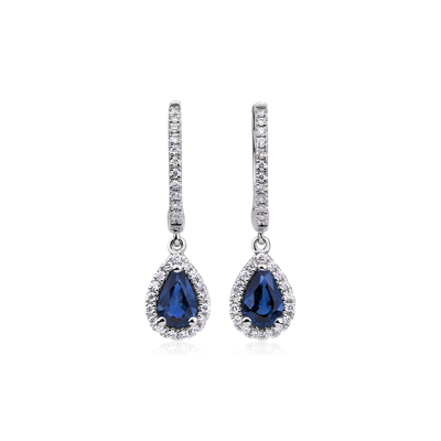 Pear Sapphire and Diamond Halo Drop Earrings in 14k White Gold (6x4mm) | Blue Nile