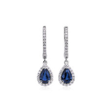 Pear Sapphire and Diamond Halo Drop Earrings in 14k White Gold (6x4mm)