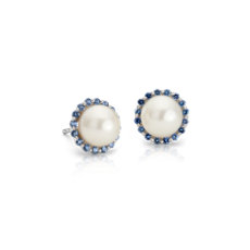 Sapphire and Freshwater Cultured Pearl Halo Stud Earrings in 14k White Gold