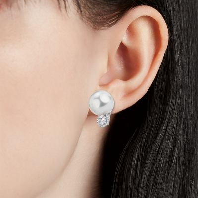 South Sea Pearl Drop Earrings with Attached Diamond Halo in 18k White Gold