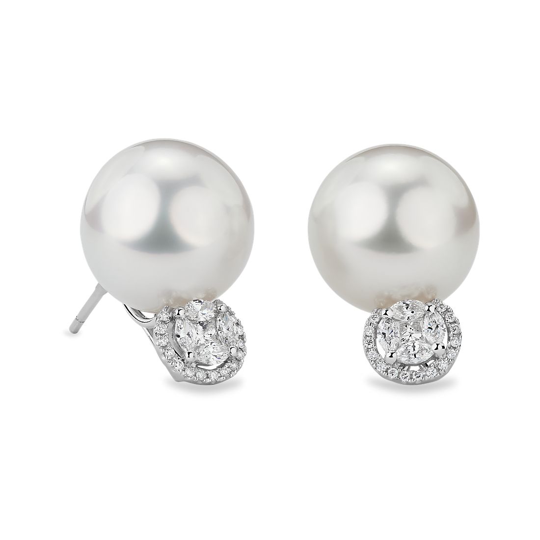 South Sea Pearl Drop Earrings with Attached Diamond Halo in 18k White Gold